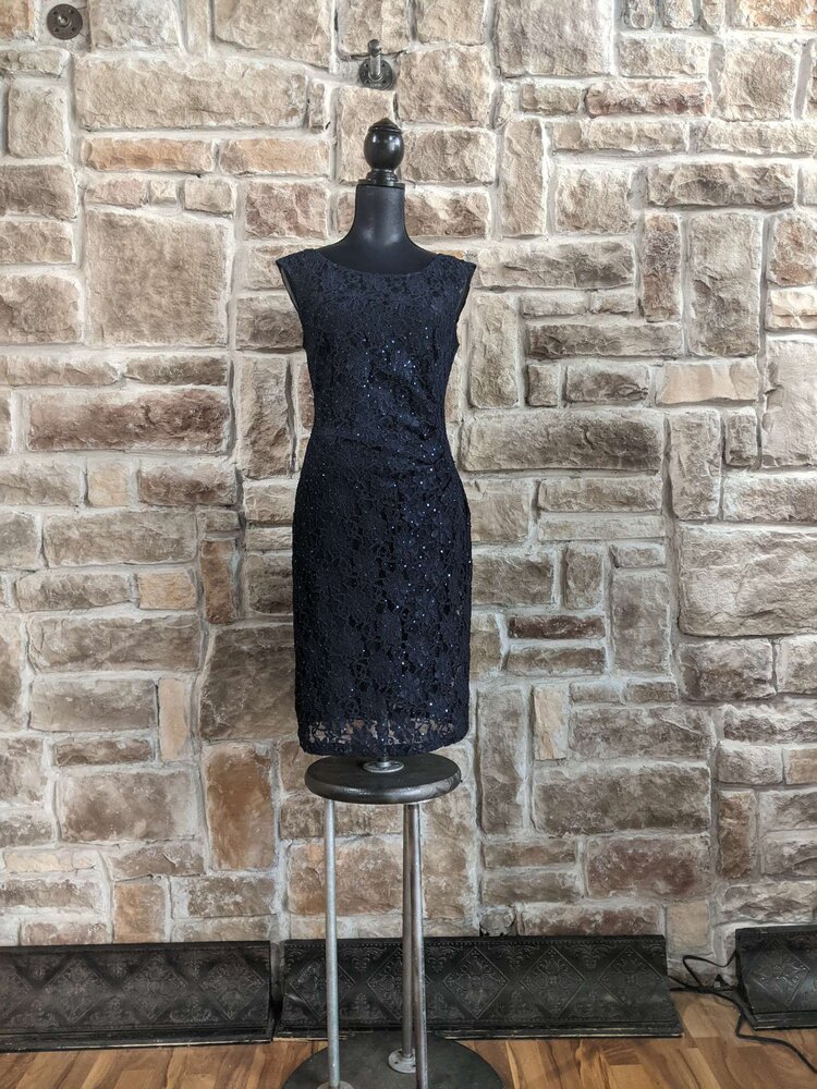 Connected Apparel Navy Sequin Lace Overlay Dress, Size 6