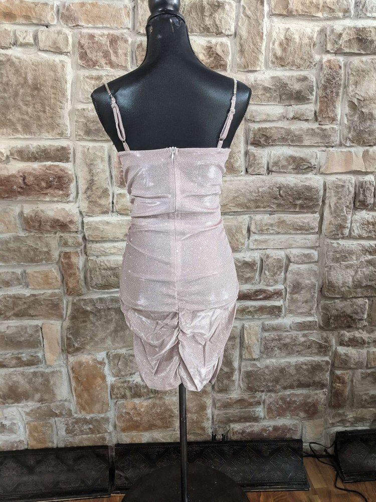 Pink Glitter Dress w/ Rhinestone Straps and Ruching
