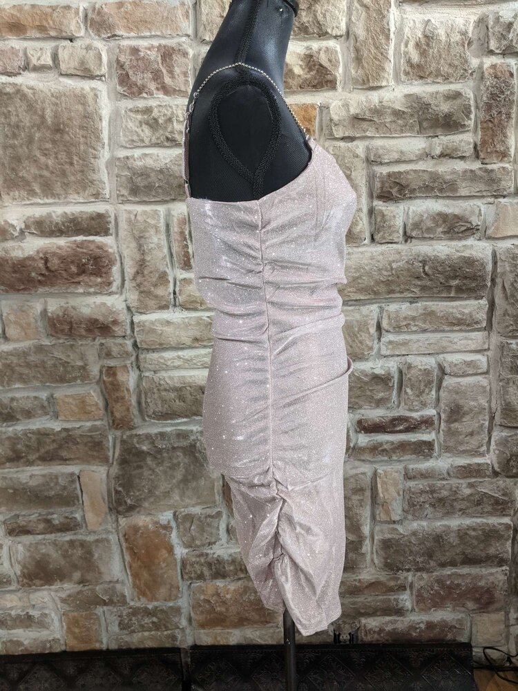 Pink Glitter Dress w/ Rhinestone Straps and Ruching