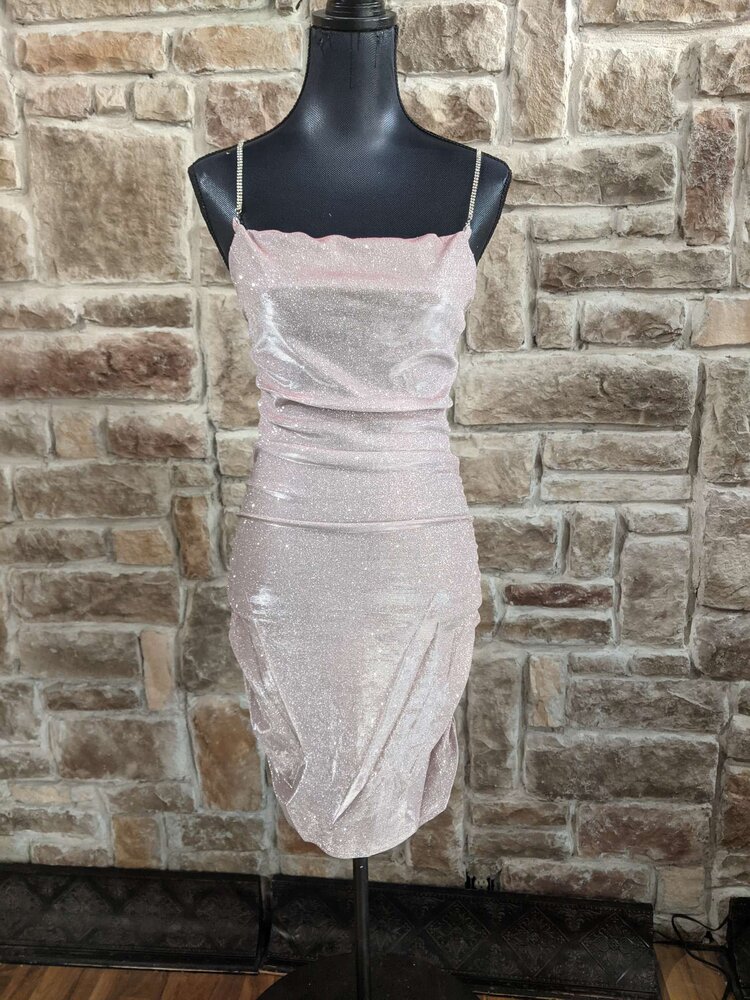 Pink Glitter Dress w/ Rhinestone Straps and Ruching