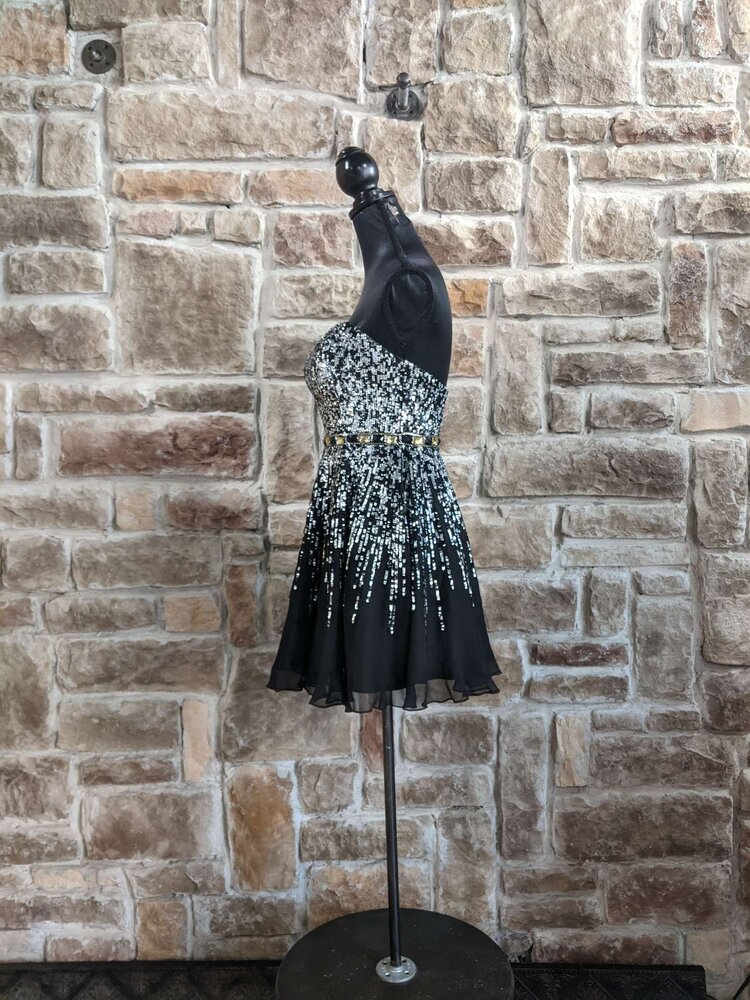 Sherri Hill Black Chiffon With Silver Sequin, Size 4