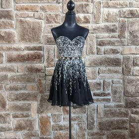 Sherri Hill Black Chiffon With Silver Sequin, Size 4