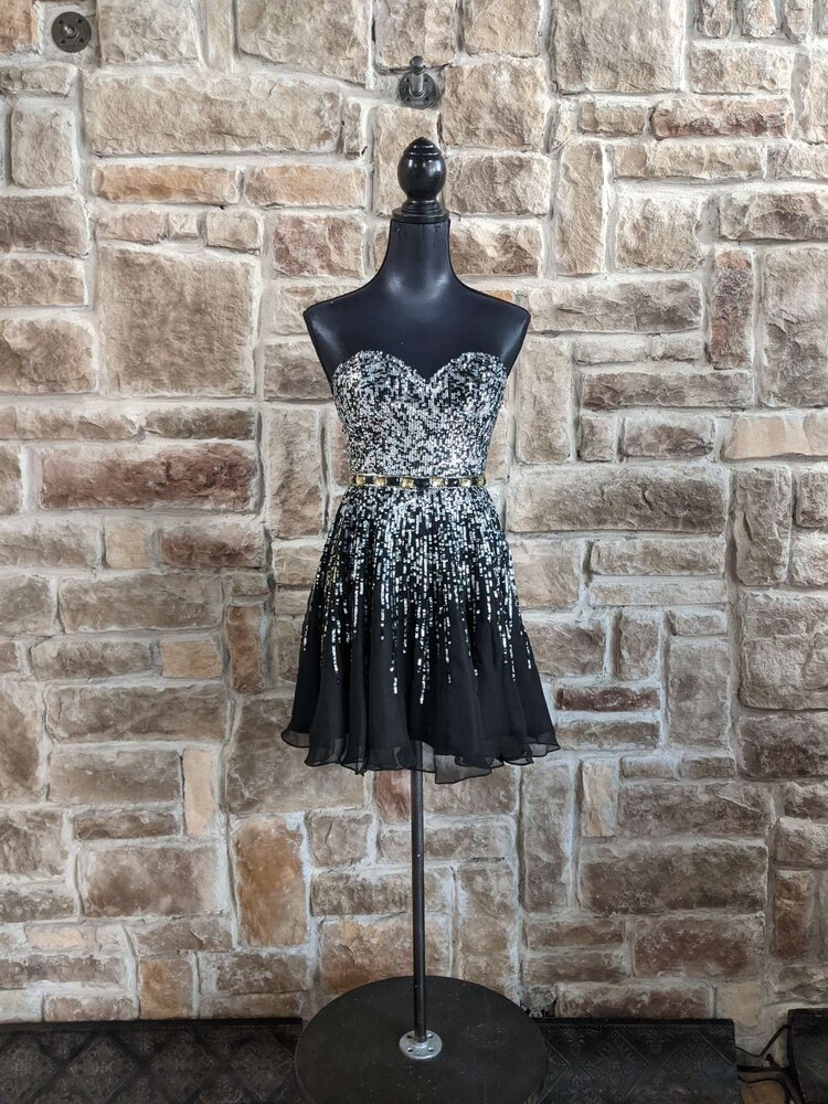 Sherri Hill Black Chiffon With Silver Sequin, Size 4