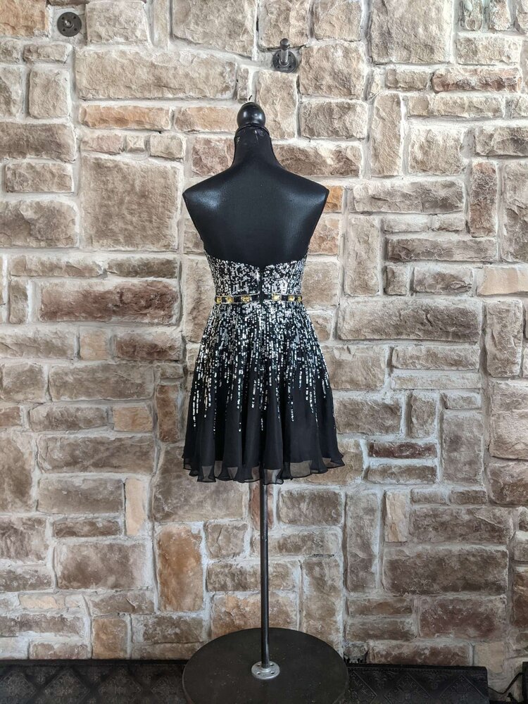 Sherri Hill Black Chiffon With Silver Sequin, Size 4