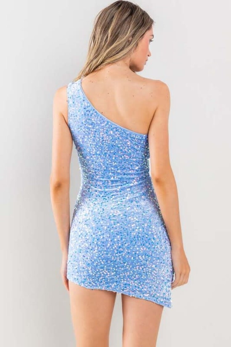 Diamond Blue One Shoulder Keyhole Sequin Dress