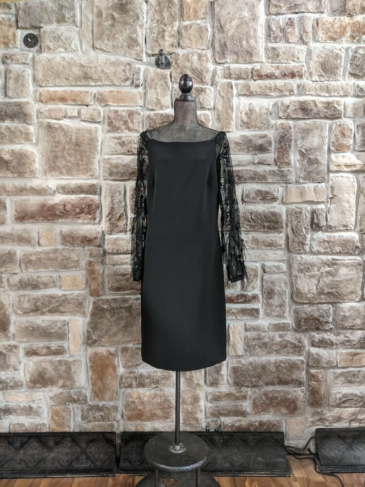 Alberto Makali Black Strapless Dress w/ Embellished Mesh Sleeve