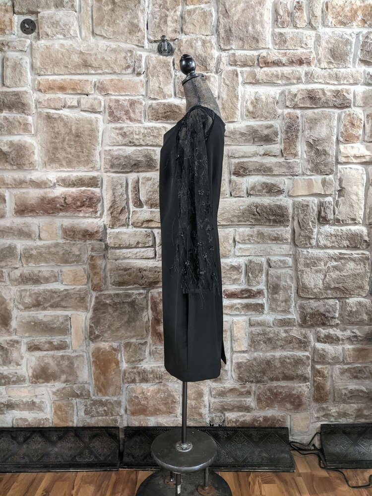 Alberto Makali Black Strapless Dress w/ Embellished Mesh Sleeve