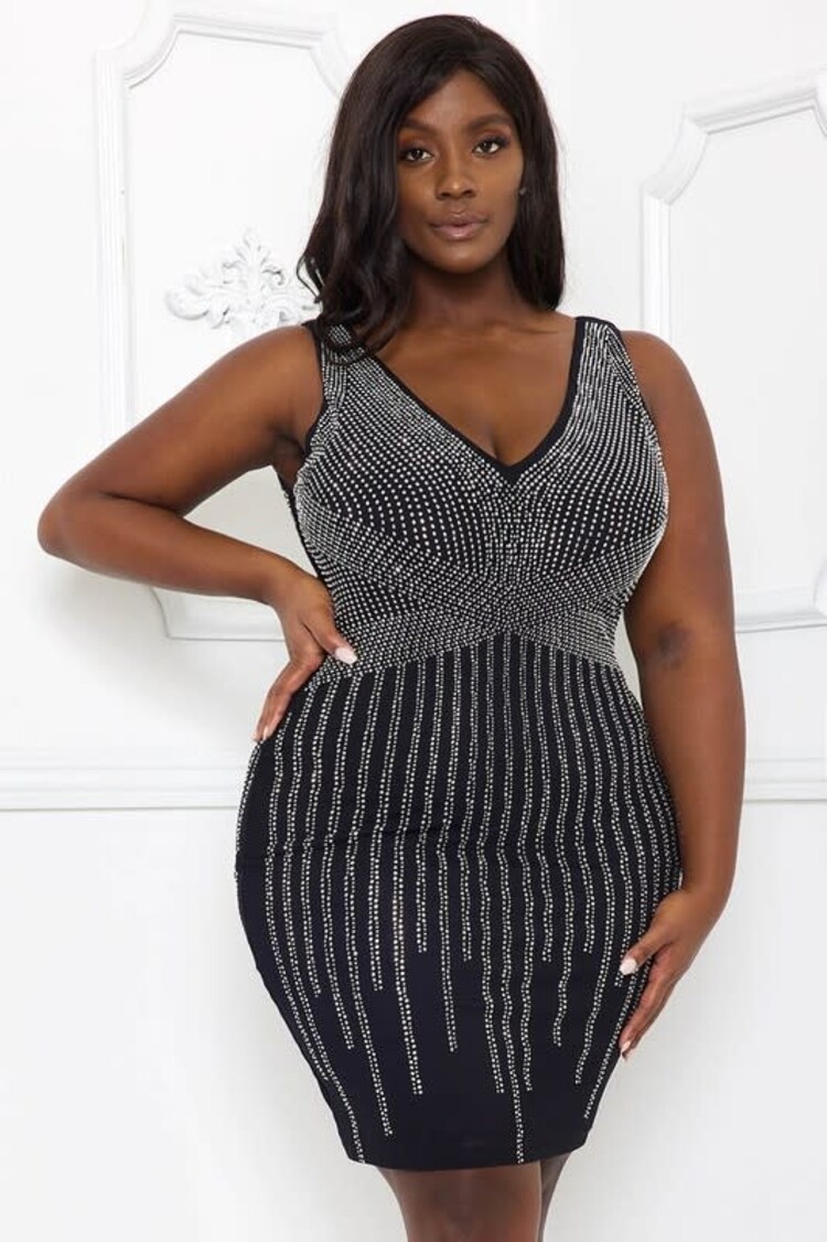 Symphony Black Rhinestone Geometric Pattern Dress