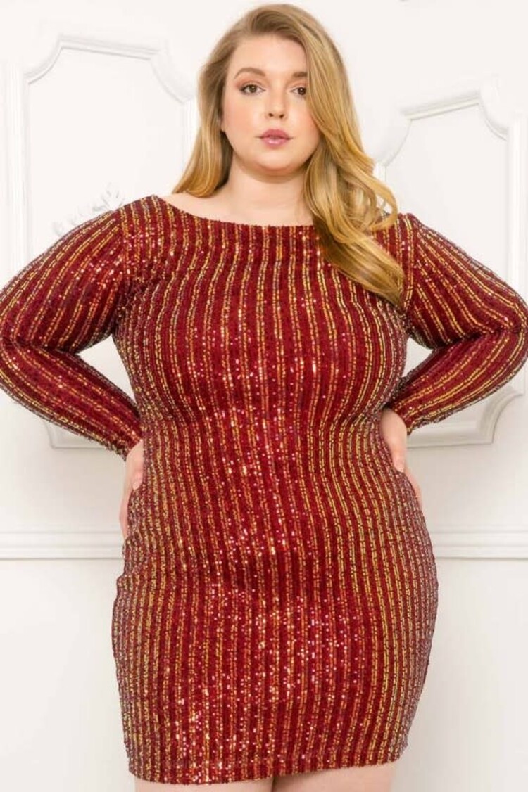 Symphony Burgundy/Iridescent Sequin Stripe Mini Dress with Criss Cross Open Back