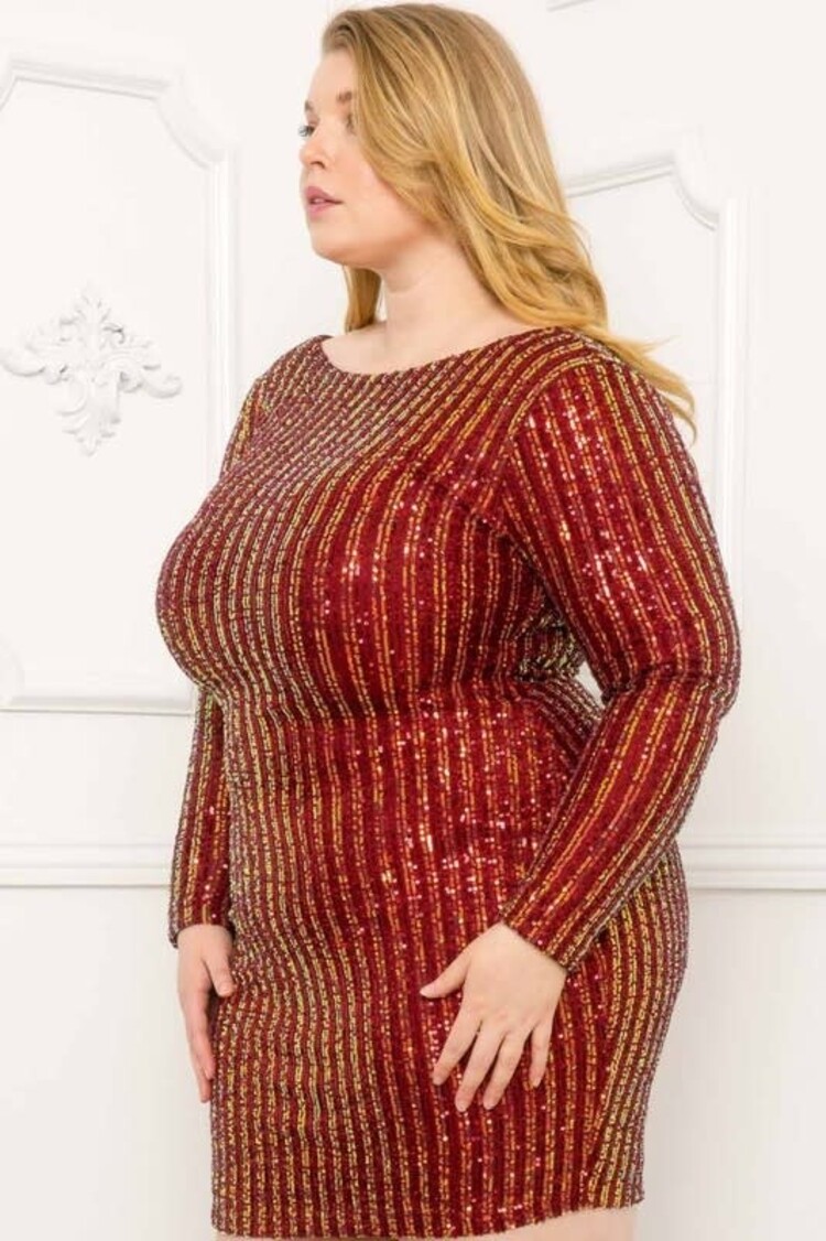 Symphony Burgundy/Iridescent Sequin Stripe Mini Dress with Criss Cross Open Back