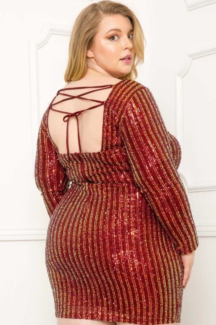 Symphony Burgundy/Iridescent Sequin Stripe Mini Dress with Criss Cross Open Back