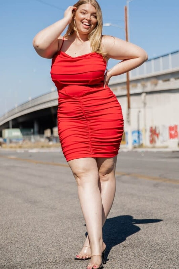 Symphony Red Shirring Side Mini Dress with Spaghetti Straps