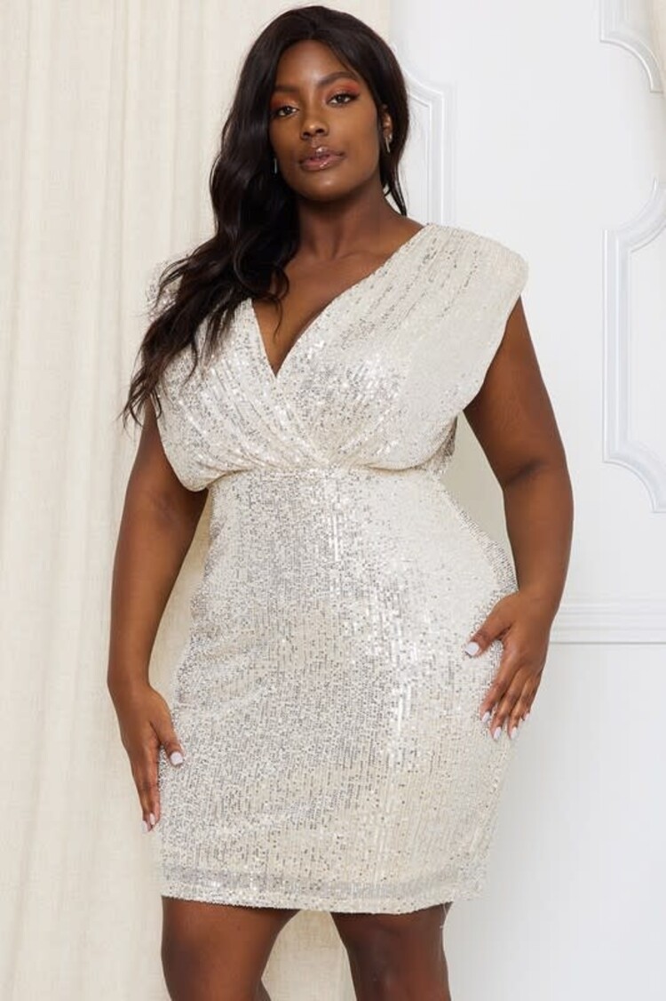 Symphony Champagne Sequin Wrap V-Neck Dress with Keyhole Back