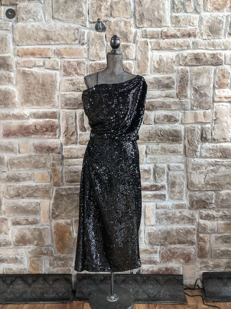 Zara Woman Black Sequin Draped Of The Shoulder Dress, Size L