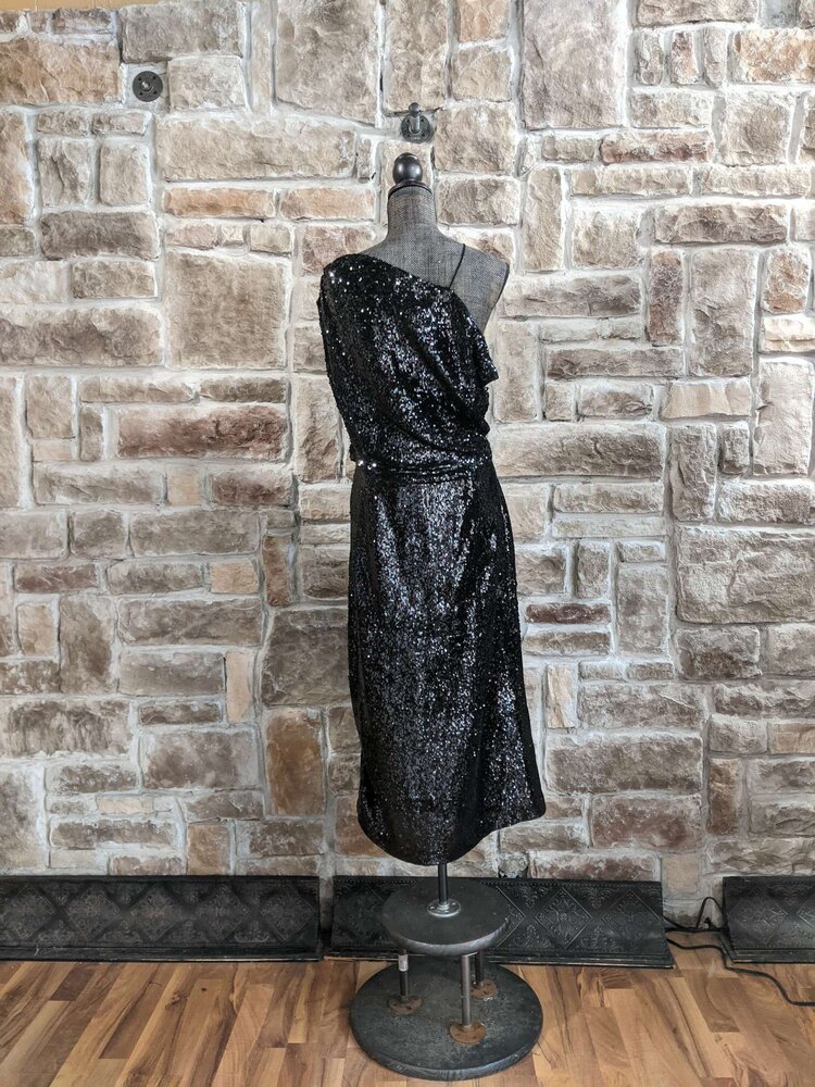 Zara Woman Black Sequin Draped Of The Shoulder Dress, Size L