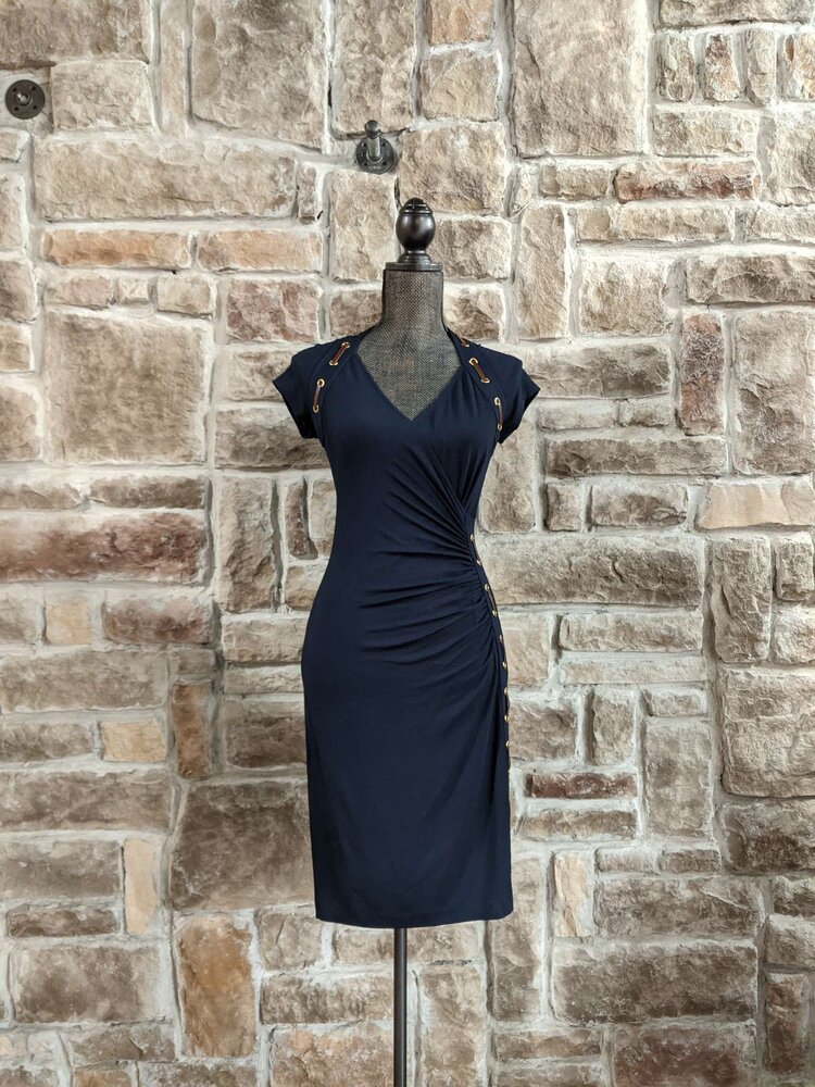 Carmens Navy Dress With Faux Leather Detailing, Size S