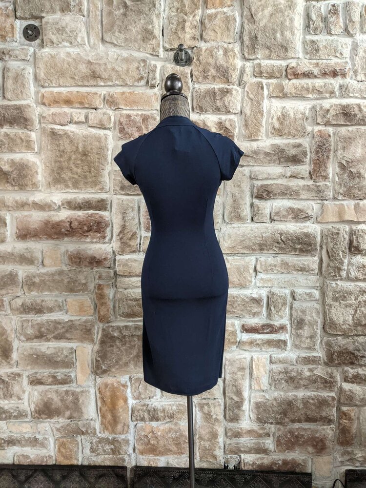 Carmens Navy Dress With Faux Leather Detailing, Size S
