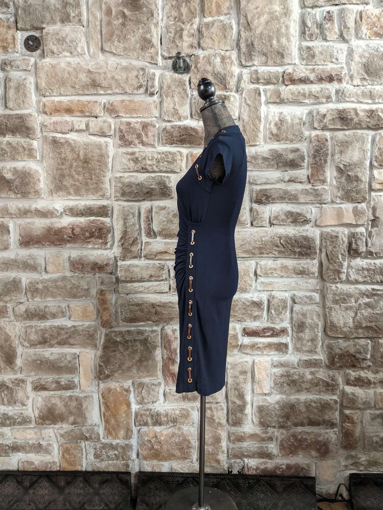 Carmens Navy Dress With Faux Leather Detailing, Size S