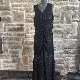 Blu Sage Black Sequin and Lace Ruched Front and Back V-Neck Dress, Size 16W