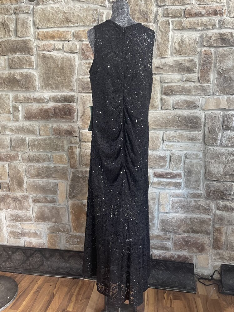 Blu Sage Black Sequin and Lace Ruched Front and Back V-Neck Dress, Size 16W