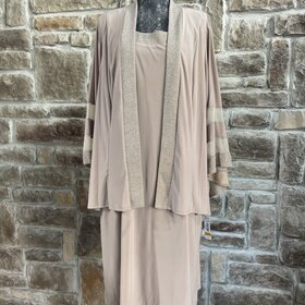 R & M Richards Taupe Dress with Matching Bell Sleeved Jacket, Size 16W
