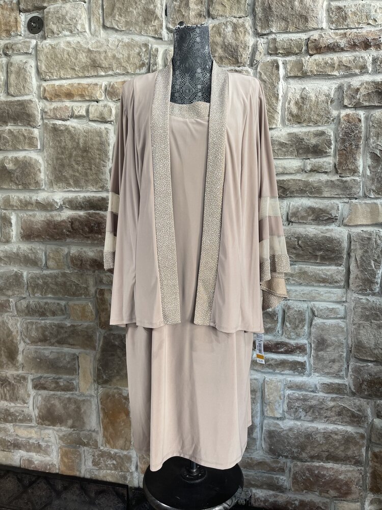 R & M Richards Taupe Dress with Matching Bell Sleeved Jacket, Size 16W