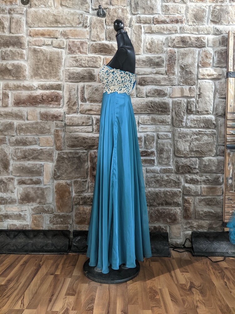 La Femme Teal Strapless Beaded Ball Gown, Size 00