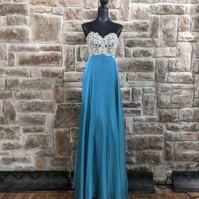 La Femme Teal Strapless Beaded Ball Gown, Size 00