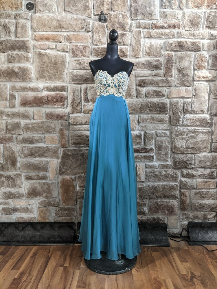 La Femme Teal Strapless Beaded Ball Gown, Size 00