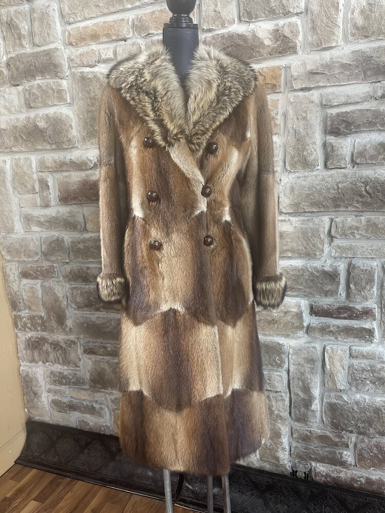 Furs By Truesdell Natural Muskrat Coat with Raccoon Collar and Cuffs, Size S