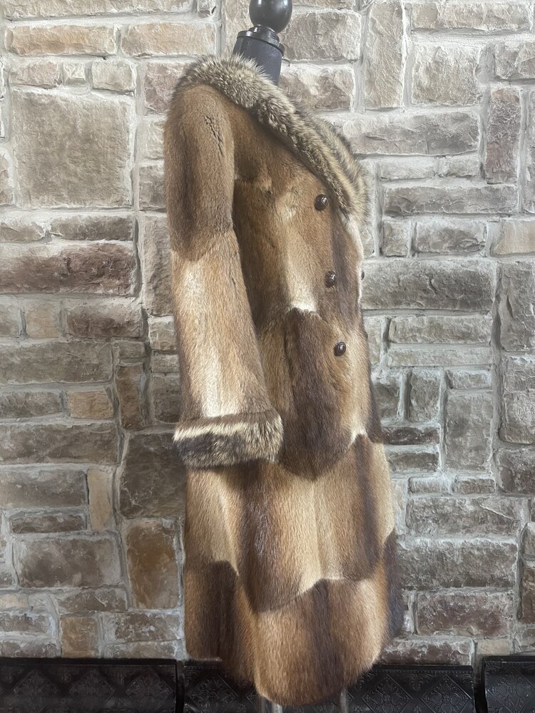 Furs By Truesdell Natural Muskrat Coat with Raccoon Collar and Cuffs, Size S