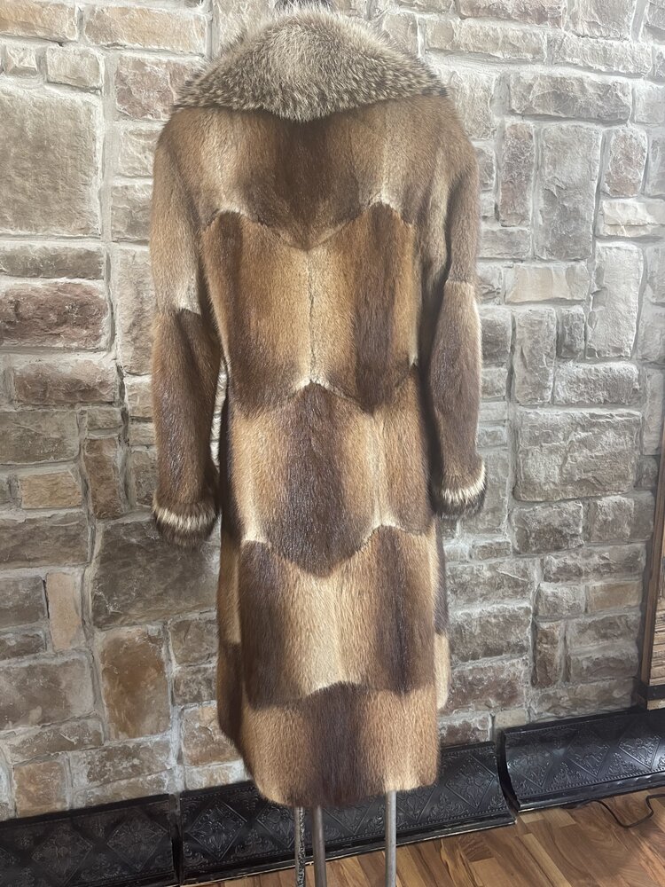 Furs By Truesdell Natural Muskrat Coat with Raccoon Collar and Cuffs, Size S