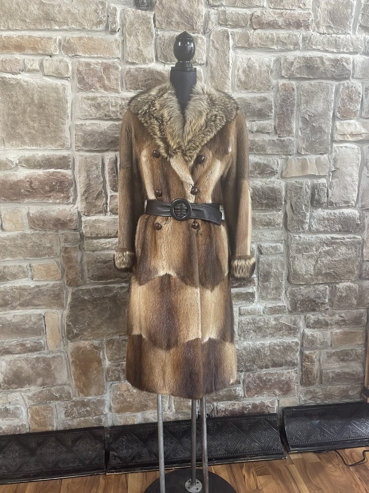 Furs By Truesdell Natural Muskrat Coat with Raccoon Collar and Cuffs, Size S