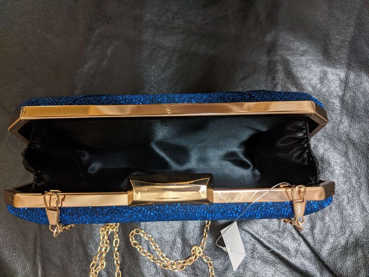 Blue Shimmery Evening Clutch Bag with Attachable Chain Strap
