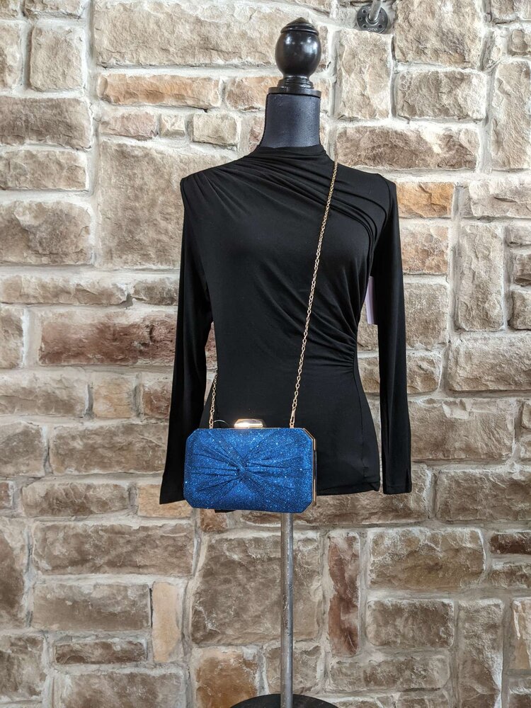 Blue Shimmery Evening Clutch Bag with Attachable Chain Strap