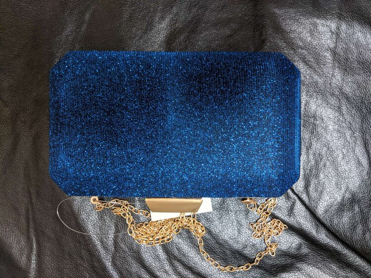 Blue Shimmery Evening Clutch Bag with Attachable Chain Strap