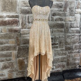 Sherri Hill Apricot Sequin and Beaded Strapless High-Low Gown