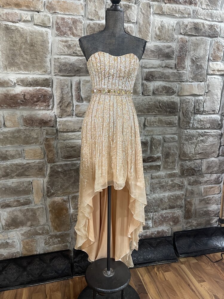 Sherri Hill Apricot Sequin and Beaded Strapless High-Low Gown