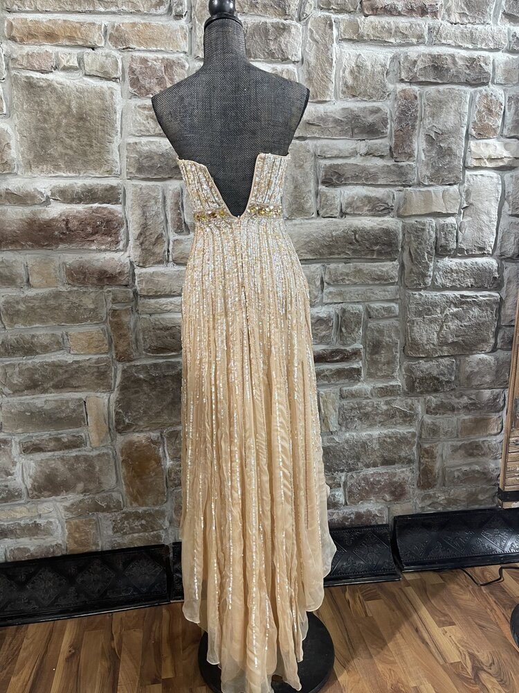 Sherri Hill Apricot Sequin and Beaded Strapless High-Low Gown