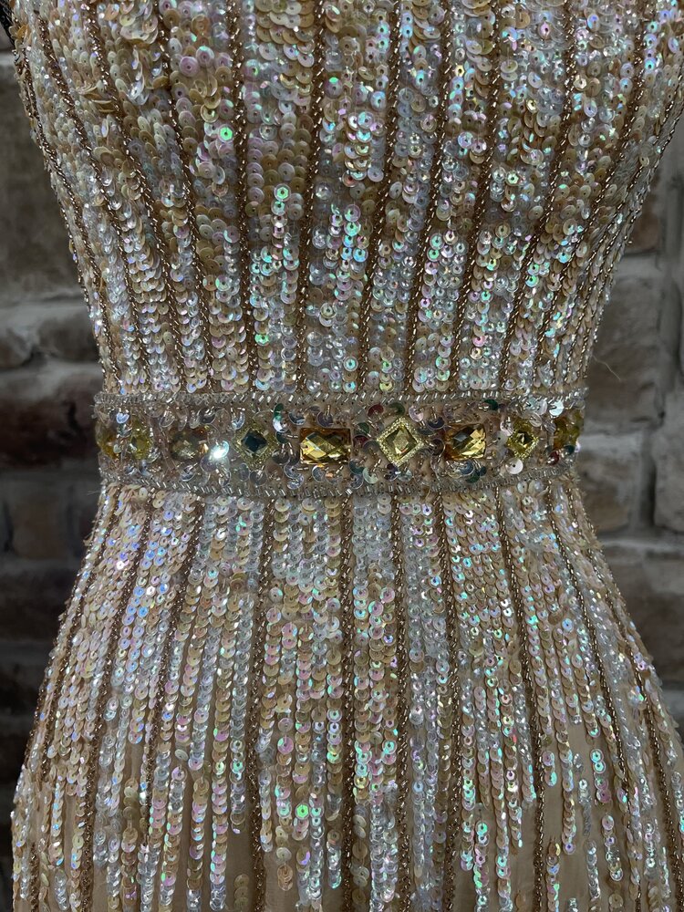 Sherri Hill Apricot Sequin and Beaded Strapless High-Low Gown