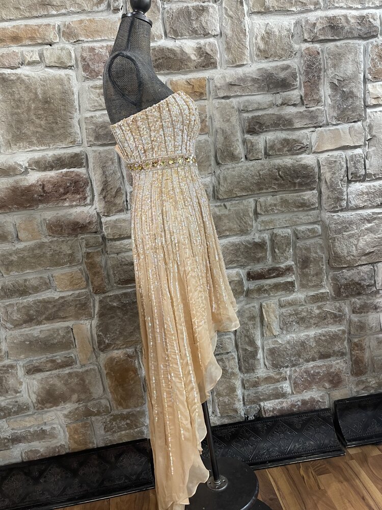 Sherri Hill Apricot Sequin and Beaded Strapless High-Low Gown