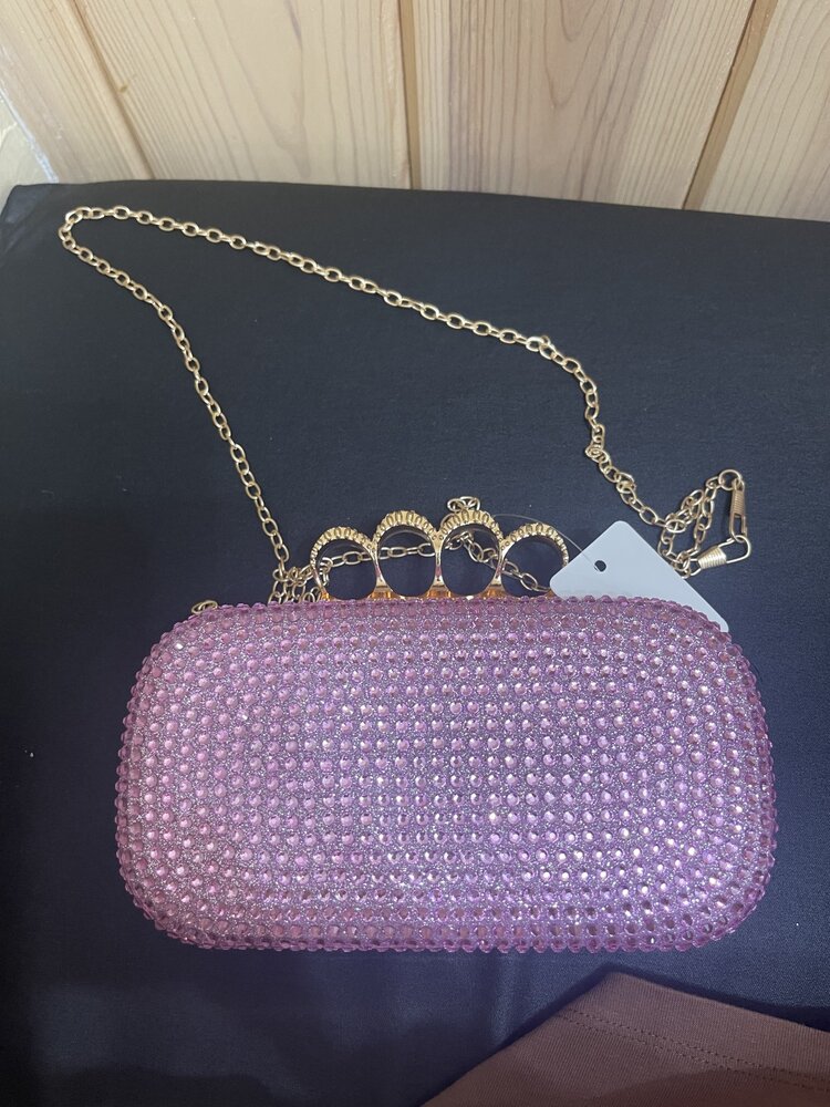 Pink Rhinestone Finger Clutch w/ Chain Strap