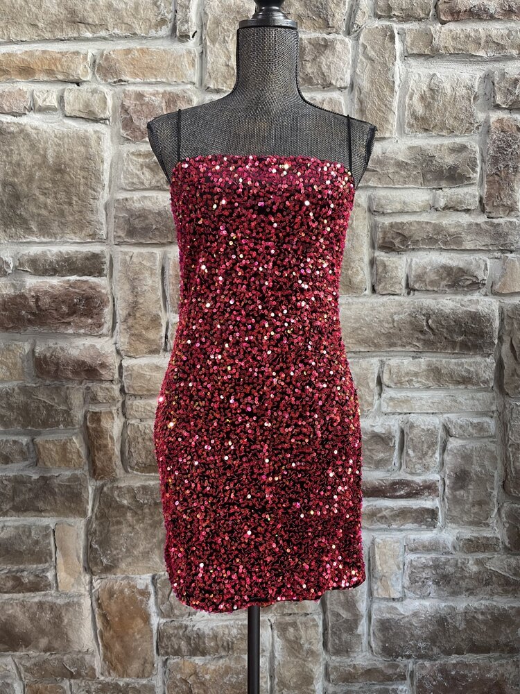 Bear Dance Iridescent Red Sequin Dress with Elastic Straps
