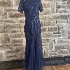 Ever Pretty Navy Sequin and Leaves Embellished Overlay Gown