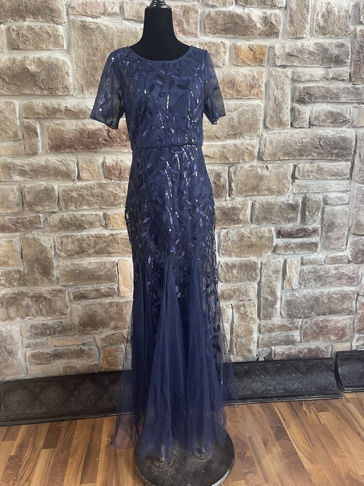 Ever Pretty Navy Sequin and Leaves Embellished Overlay Gown