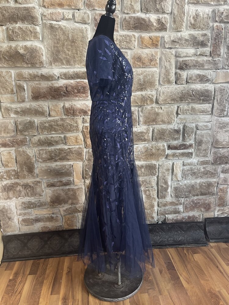 Ever Pretty Navy Sequin and Leaves Embellished Overlay Gown