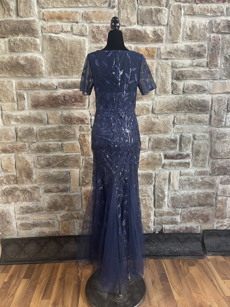 Ever Pretty Navy Sequin and Leaves Embellished Overlay Gown