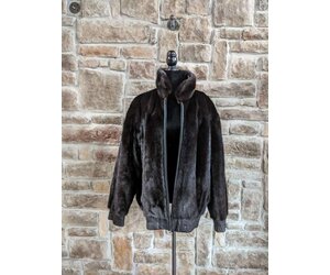 Black Reversible Mink to Leather Bomber Jacket, Size M