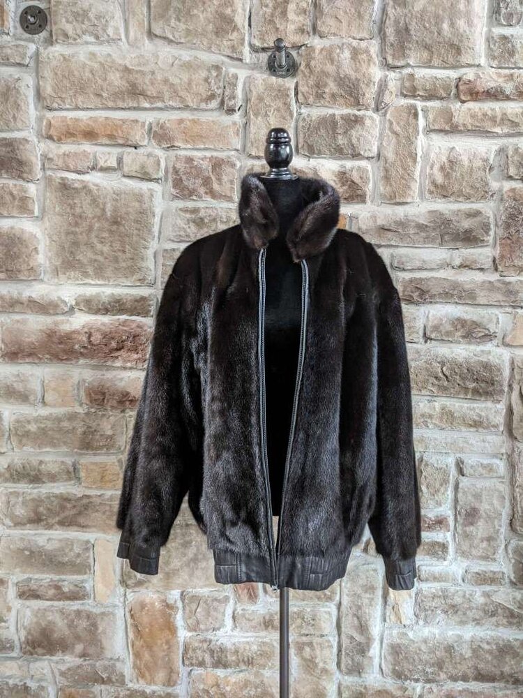 Black Reversible Mink to Leather Bomber Jacket, Size M