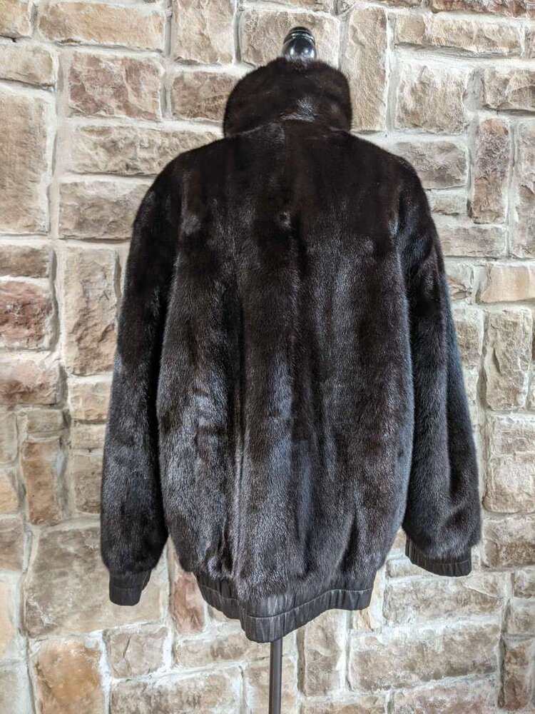 Black Reversible Mink to Leather Bomber Jacket, Size M